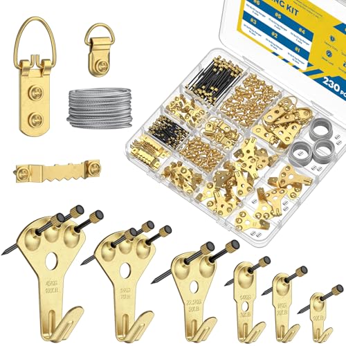 Uniclife 230 Pcs Heavy Duty Picture Hanging Kit, Picture Hanging Hooks,Gold - size: 230 Pcs, style: Gold