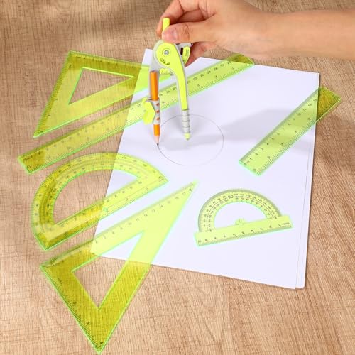 Zonon 7 Pcs Geometry Math Set with Compass Protractor Rulers, Yellow - color: Yellow