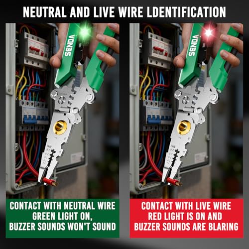 12 in 1 Foldable Wire Stripper with Electricity Measurement Function & Dual Alarms Multifunctional Professional Electrician's Pliers Cable Stripping Pliers (Green, Wire Stripper (Centre Split) 8.5") - size: Wire Stripper (Centre Split) 8.5"
