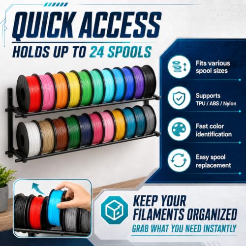 3D Printer Filament Storage Rack Wall Mount, 2 Tier Foldable Metal Shelving with Adjustable Hole Spacing for TPU ABS Nylon, 3D Printer Accessories for Studio Garage Workshop