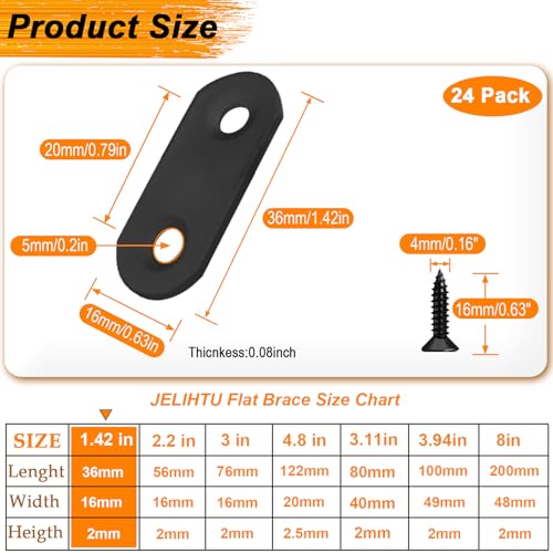 24 Pack Black Flat Bracket Straight Brace Mending Plates - color: Black, size: 24 Pcs / 1.42 x 0.63 in