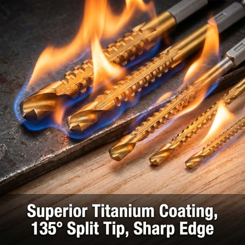 6 Pack Titanium Coated HSS Twist Drill Bit 3-8mm Serrated Side Cutting Drill Bit Hex Shank Serrated Cutting Bits Woodworking Tools for Wood Metal Plastic Hole
