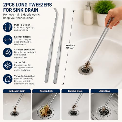 2PCS Long Tweezers for Sink Drain - 10.6 Inch Drain Hair Removal Tool with Straight & Curved Tips, Stainless Steel Grabber for Bathroom Shower Drain Kitchen Sink Clog Cleaner, Remove Hair & Debris