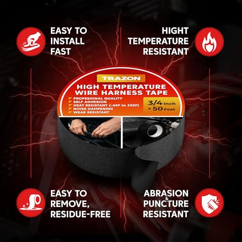 Wire Harness Tape 5 Pack 3/4" x 50Ft (250Ft Total) - High Temperature Cloth Electrical Tape, OEM Automotive Fabric Tape, Self-Adhesive Wiring Loom Wrap, Heat Resistant, No Residue for Car, Marine, RV