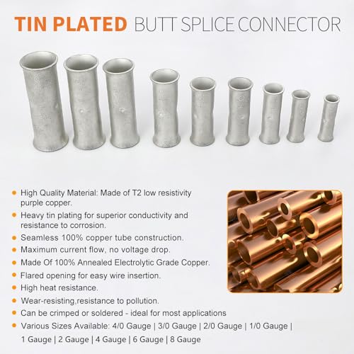 SVAAR 0000 Gauge Flared Barrel Butt Splice Connectors Kit 6PCS 4/0 AWG Non-Insulated Butt Connectors Tinned Copper Marine Grade Flared Compression Butt Splices Crimp Butt Terminals+6 PCS Heat Shrinks - color: Tinned Copper