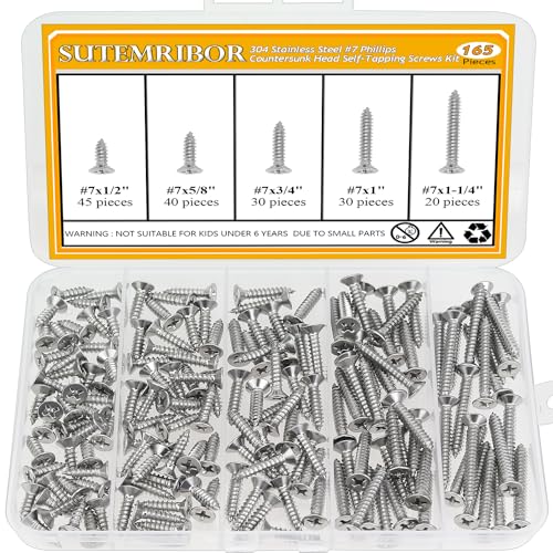 165 Pieces #7 x 1/2" 5/8" 3/4" 1" 1-1/4" Wood Screws Set, Phillips Countersunk Head #7 Self-Tapping Screws Assortment Kit, 304 Stainless Steel - size: #7, style: Phillips Countersunk Head
