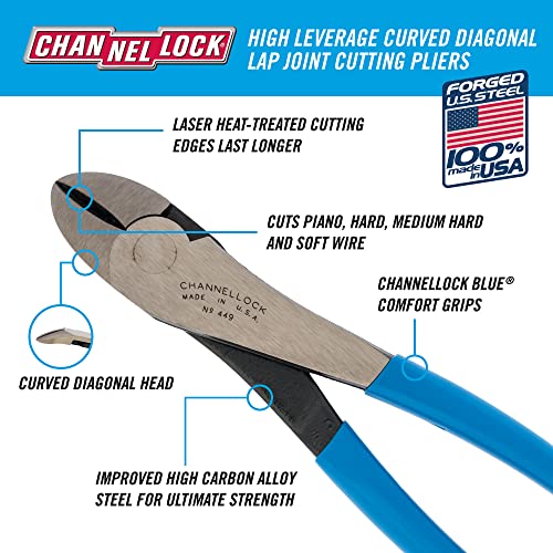 Channellock 449 Diagonal Cutting Plier, 9.54 in OAL, Blue Handle, Pistol-Grip Handle, 1.12 in W Jaw, 1.02 in L Jaw - size: 9-Inch Diagonal