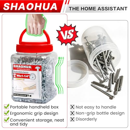1200 Pcs #8 1-1/4" Pocket Hole Screws, Coarse Thread for Furniture, Cabinets, Compatible with Kreg Jig, Zinc Plated Pocket Screws for Indoor Use, Portable Handheld Box w/ SQ2 Square Drive Bit - size: A. #8 1-1/4"