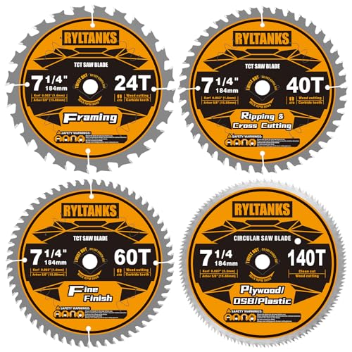 7-1/4 Inch Circular Saw Blade, 5/8” Arbor,24T for Framing&40T for Ripping and Cross Wood Cutting &60T for Fine Finish&140T for Plywood/OSB/Plastic, 4-Pack