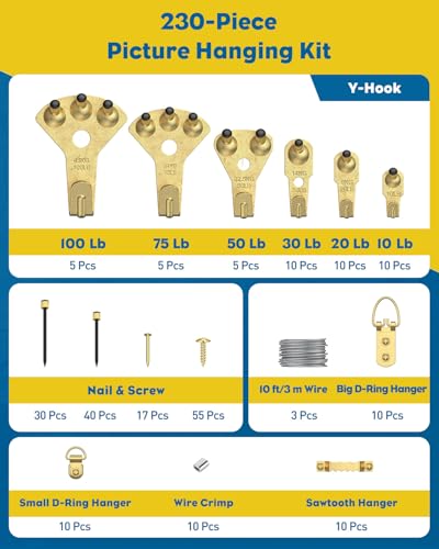Uniclife 230 Pcs Heavy Duty Picture Hanging Kit, Picture Hanging Hooks,Gold - size: 230 Pcs, style: Gold