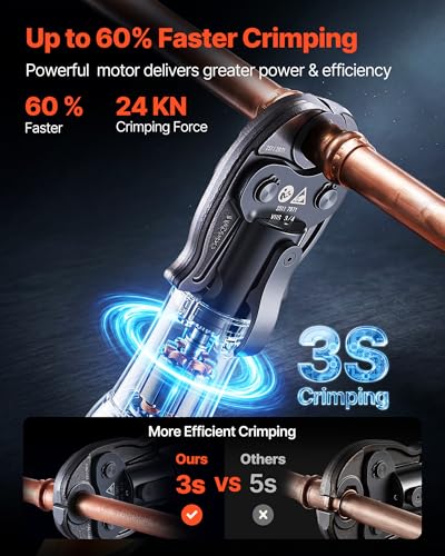 VEVOR Press Tool, 18V Electric Pipe Crimping Tool for 1/2", 3/4", 1" Copper Pipes, 24KN Press Tool Kit Compatible with ProPress - with 3 Press Jaws, 2pcs 18V 2AH Battery, Fast Charger & Carrying Case - size: Compact Size