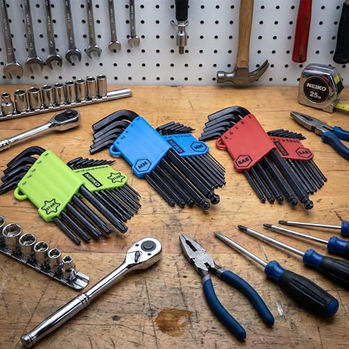 NEIKO 01104A Master Allen Wrench Set, 39 Pc Ball End Hex Key Set, Metric, Standard & Torx, SAE & MM Long Allen Keys 1.27mm to 10mm & 0.05” to 3/8 Inch and T5 to T50, Black Oxide Chrome Vanadium - size: Metric+SAE+Torx - 39pc