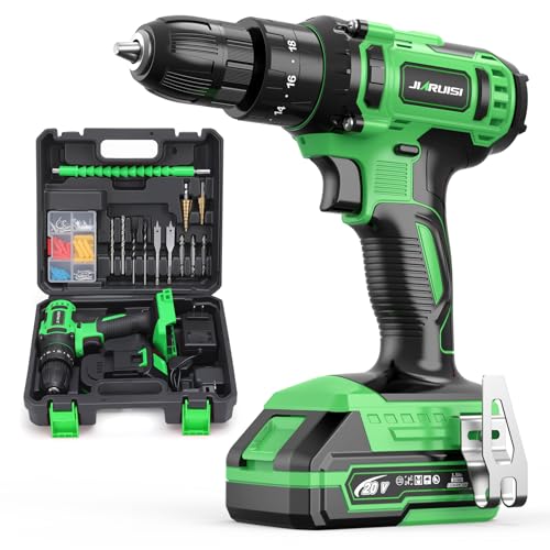 20V Cordless Drill, Electric Power Drill Set with Battery Charger and Carrying Case, 3/8” Keyless Chuck, 2 Variable Speed, 18+3 Torque, 72pcs Driver Bits and Belt Hook, Green