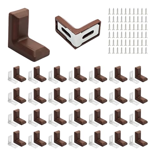 30PCS 90 Degree L Shape Metal Corner Brackets Brown Plastic Cover Right Angle Brace for Shelf Cabinet Chair Furniture, 1.1x1.1x0.7 with Screws - size: Brown