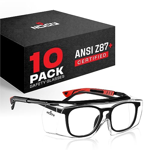 NoCry Safety Glasses Over Eyeglasses for Men and Women with Anti Scratch Lenses and Integrated Side Shields — Adjustable Temples with Anti-Slip Tips — 100% UV Protective Eyewear — ANSI Z87 (10-pack) - color: Black & Red (10 Pack)