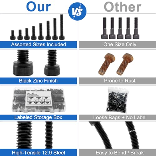 544Pcs UIETUIL M4 Hex Socket Head Cap Screws Kit, M4x6-30mm, 12.9 - size: M4 Cap 12.9 - 544PCS