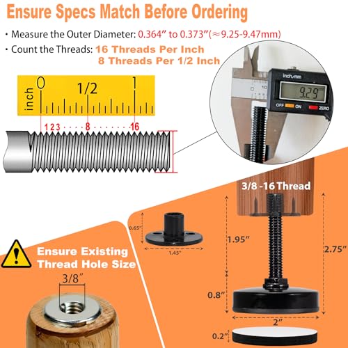 NEWBYTEK 3/8-16 Adjustable Leveling Feet Heavy Duty, 2" Base Dia Furniture Levelers for Table Chair Cabinet Sofa (1600LBs, 8 Pack, Black) - size: 3/8-16,8pcs