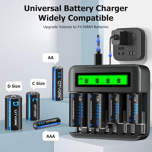 CITYORK 4 Pack 10000mAh Rechargeable D Batteries with Charger, 8 Bay LCD Universal Battery Charger for 1.2V AA AAA C D Ni-MH/Ni-CD Rechargeable Batteries, USB Quick Charge