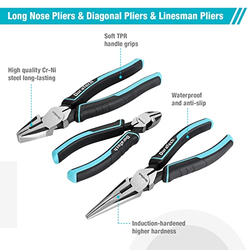 DURATECH 7-Piece Pliers Set with Rolling Pouch,Cr-Ni Construction | 10" & 8" Groove Joint, 8" & 6" Long Nose, 8" Linesman, 6" Slip Joint & Diagonal Pliers