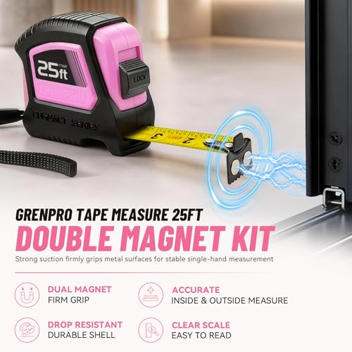 GRENPRO 25FT Magnetic Tape Measure, Double-Sided 1/32", Nylon Coated Blade - color: Pink