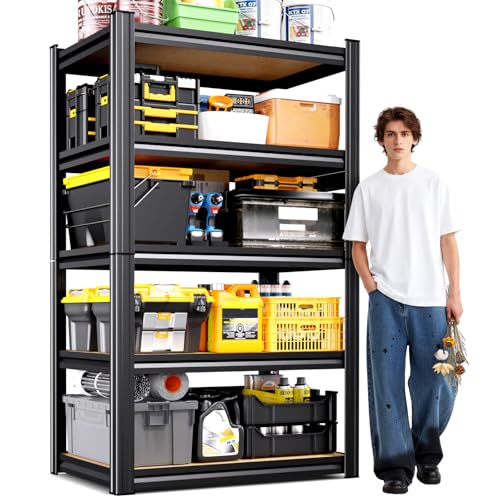 71"H Heavy Duty Garage Shelving - 1900 LBS Capacity 5-Tier Metal Storage Shelves, 71"H x 28"W x 12"D Adjustable Steel Utility Rack, Compact Storage Shelf for Pantry, Closet, Basement, Shed - Black - size: MDF/28"Wx12"Dx71"H
