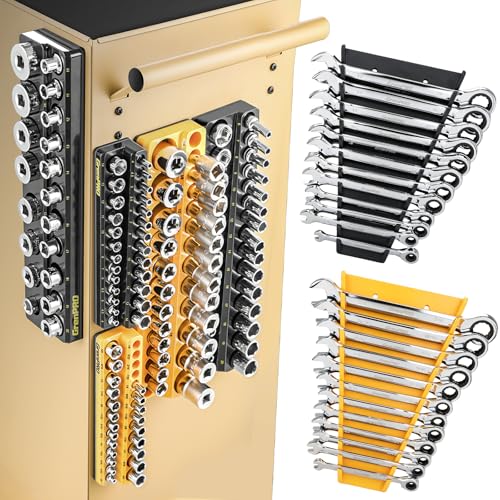 GRENPRO 8-Piece Professional Tool Organizer Set: 6-Piece Magnetic Socket Organizer & 2-Piece Wrench Holders for 1/4", 3/8", 1/2" Drive SAE & Metric Sockets and Wrenches | Saves Space & Easy Access