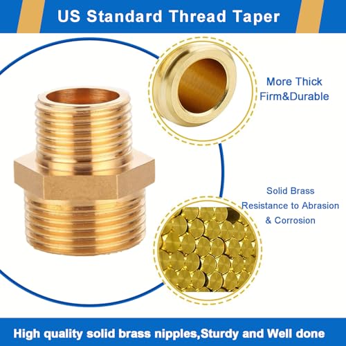 3/4" NPT to 1/2" NPT Brass Reducer Fitting, 4-Pack Solid Brass Hex Nipple | Solid forged brass, ASTM B584, 300 PSI rated. 3/4 male x 1/2 male NPT adapter for HVAC, pneumatic and air compressor systems - size: 3/4"NPT x 1/2" NPT Male