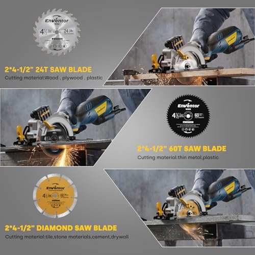 Enventor Mini Circular Saw with Laser Guide, 6 Blades 4-1/2", 5.8A Corded | 3500 RPM, Max Cut 1-11/16 in at 90° and 1-1/8 in at 45°, Dust Port, Vacuum Adapter for Soft Metal, Wood, Tile Cutting