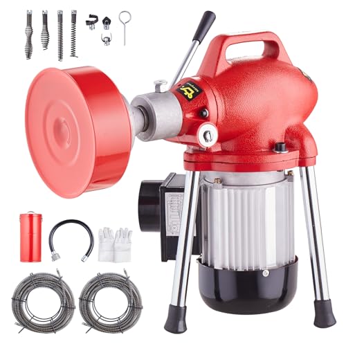 VEVOR Drain Cleaner Machine 120FT x 5/8 Inch, 370W Electric Sewer Snake Auger Manual Feed - with 2 Sectional Steel Cables(120' x 5/8" and 23' x 3/8"), 7 Cutters and CW/CCW Control for 1.6" to 4" Pipes - style: 120Ft x 5/8Inch & 7 Cutters