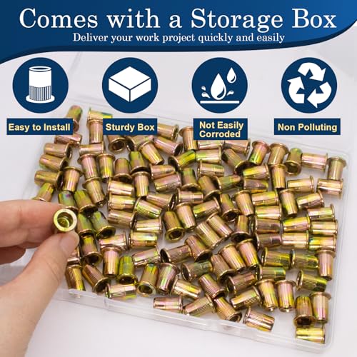 1/4-20 Rivet Nut,115Pcs Zinc Plated Threaded Inserts Rivnuts - color: Yellow, size: SAE 1/4"-20 - 115 Pcs