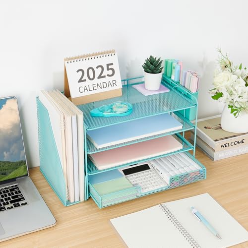 OPNICE Desk Organizer, 4-Tier Desktop File Organizer with Drawer and Pen Holders, Office Desk Accessories, File Sorters, Workspace Organizers for Office Supplies(Teal Blue) - color: Teal Blue, size: 4T