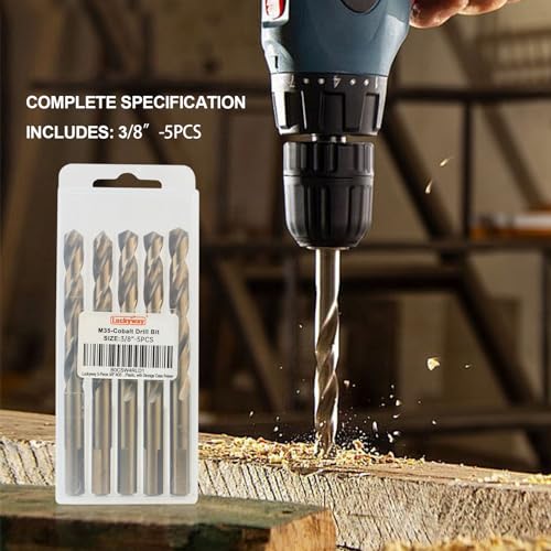 Luckyway 3/8 Inch Cobalt Drill Bits (5 Pack), M35 HSS Metal 3/8" Drill Bit Titanium Coated for Hard Metal, Stainless Steel, Cast Iron, Wood and Plastic, with Storage Case - style: 3/8" (5Pcs) Cobalt Drill Bits