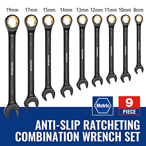 WORKPRO 9-Piece Anti-Slip Ratcheting Combination Wrench Set, Metric - style: Metric