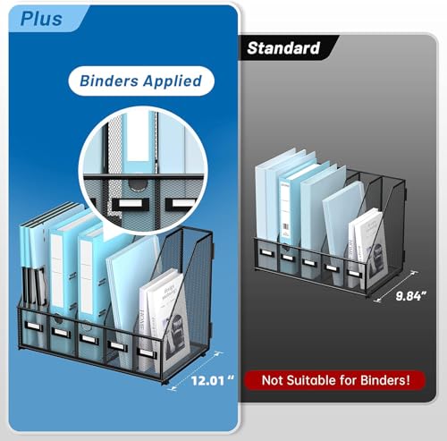SUPEASY Desk Organizers Metal Desk Magazine File Holder with 16''x12''x12'' 5 Vertical Compartments Rack File Organizer for Office Desktop, Classroom, Home Workspace, Black Plus - color: Black, size: Large