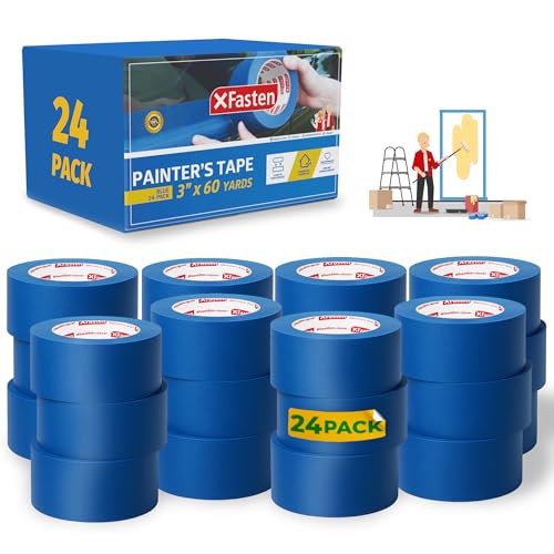 XFasten Blue Painters Tape 3 Inch Wide x 180 Feet Bulk (24-Pack, 4320ft Total) Wall Safe UV-Resistant Blue Masking Tape 3 Inch Wide for Indoor and Outdoor Walls, Painting, Wood, Automotive - size: 3-Inch x 60-Yards (24-Pack, 4,320ft Total)