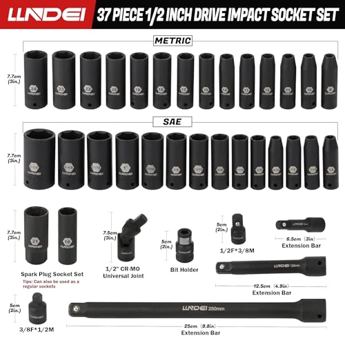 LLNDEI 1/2" Drive Deep Impact Socket Set 37Pcs SAE/Metric CR-MO - size: 37-Piece 1/2" Drive Socket Set SAE & Metric