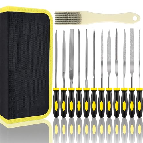 Small File Set, 13 Pcs Needle Diamond File | 6 Pcs Jewlers Files & 6 Pcs Steel Files with Steel Brush and Carry Case, For Precision Metal Work, Woodworking - color: Black-13pcs