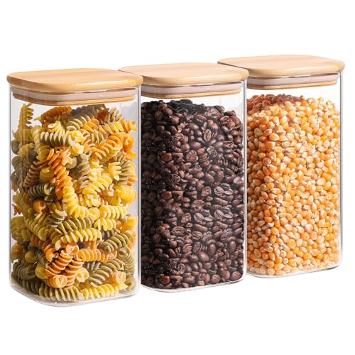 ComSaf Glass Storage Containers with Lids 1.4 Qt, Set of 3 Glass Food Jars | Glass Pantry Storage Containers, Square Kitchen Canisters, Lid with Silicone Seal, Cookie, Cereal, Coffee, Oats, BPA Free - size: 1.4Qt*3