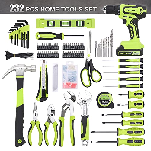 FASTPRO Home Tool Set with Drill, Household Repairing Tool Kit, Green - color: Green
