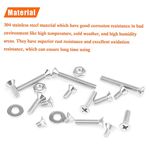 HELIFOUNER 200 Pieces #8-32 Phillips Countersunk Head Machine Screws Nuts Washers Assortment Kit, Coarse Thread, Fully Machine Threaded, 304 Stainless Steel - size: #8-32