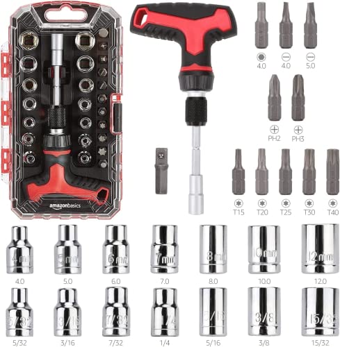 Amazon Basics 27-Piece Ratchet Screwdriver and Socket Set, Light-Duty T-Handle with Magnetic Bit Holder, Cr-V Steel, for Household DIY, Electronics and Appliance Repair, Compact Tool wit Hard Case - style: 27-Piece