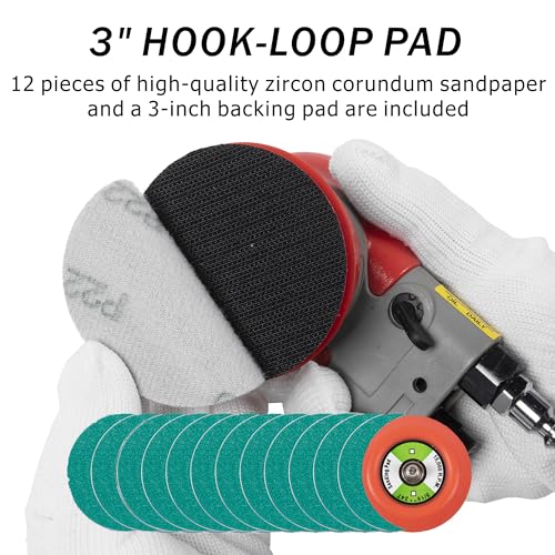 Pneumatic random orbital sander 3-inch light weight palm sander 3/32" (2.5 mm) diameter orbit 12000 RPM with extra backing pad and 12pcs sandpaper - style: 3in Non-Vacuum