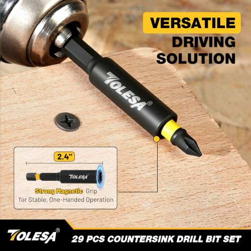 TOLESA Countersink Drill Bit Set, 29 PCS Counter Sink Drill Bit for Wood with 2PC Wood Plug Cutters, Magnetic Extension Bit Holder, Screwdriver Bits, Storage Case