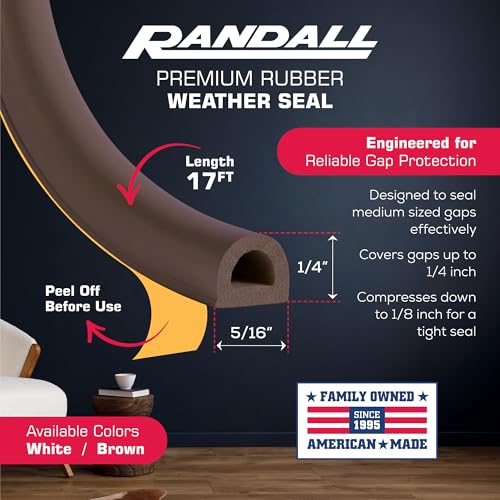 Brown EPDM D Profile Weather Stripping Door Seal, Self-Adhesive Door Weather Stripping & Window Seal Strip, 5/16" Wide x 1/4" Thick x 17' Long - color: Brown