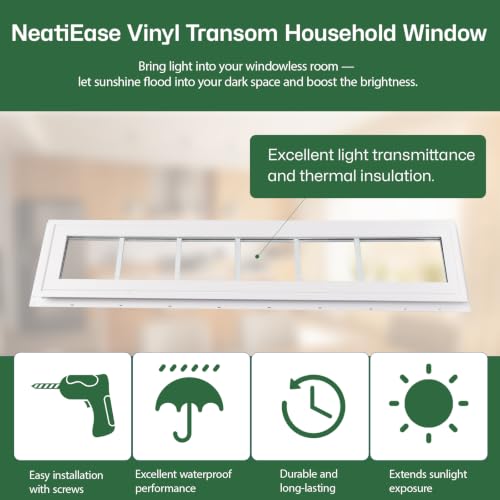 NeatiEase Vinyl Transom Window, 10" x 42" Fixed Glass Household Windows with Grids and Dual-pane Tempered Glass for House, Shed, Doors, Garage, Chicken Coop, Basement (White) - size: 10"x42"