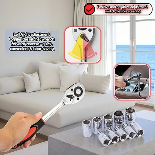 Professional 12PCS 1/4" Drive Metric Socket Wrench Set,90-Tooth Reversible Ratchet Handle,6-Point Shallow Sockets (4-13mm)&4" Extension Bar,CR-V Steel for Automotive,Motorcycle,Bike Repair Tools
