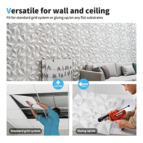 Art3d Textures 3D Wall Panels White Diamond Design for Interior Wall Decor Pack of 12 Tiles 32 Sq Ft (PVC)