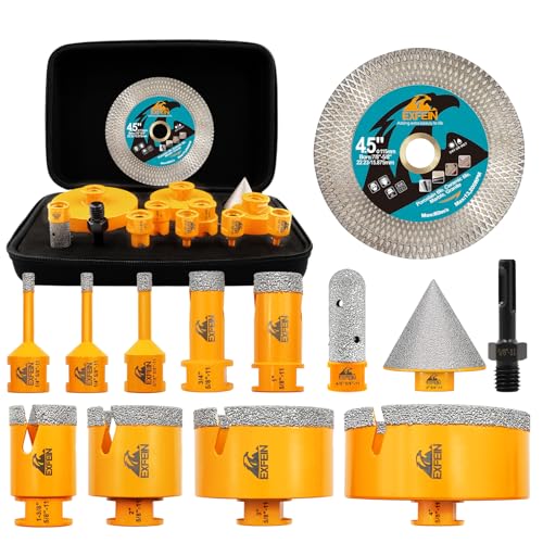 Tile Hole Saw Kit 13pcs - 6/6/8/19/25/35/50/75/102mm Diamond Core Drill Bits, 4/5 Inch Milling Bit + 2 Inch Chamfer Bit + Adapter + 4.5 Inch Grinding & Cutting Disc for Tile Marble Granite - size: Set 2