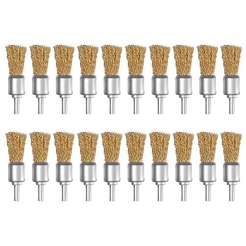 ATOPLEE 20pcs Brass Coated Wire Brush Wheel & Cup Brush Set with 1/4 Inch Round Shank,Diameter 3/4‘’（20mm） Crimped Wire Brush Wheel for Rust Removal, Corrosion and Scrub Surfaces,for Drill Attachment - style: 20mm,20pcs