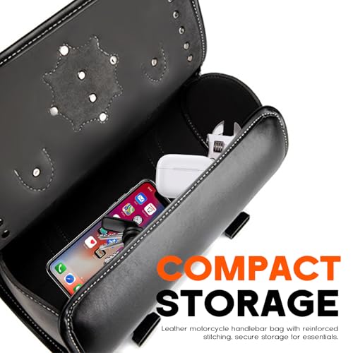 Rogierra 7.9L Motorcycle Metal Skull Tool SaddleBags Front Fork Handlebar Bag PU Leather Sissybar Storage Pouch Compatible with Harley Bikes - style: Metal Skull Emblem With Rivet Detail